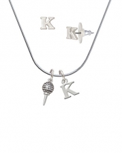 Small Golf Ball on Tee - Initial K Charm Necklace and Stud Earrings Jewelry Set