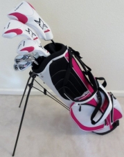 Ladies RH Complete Golf Club Set Driver, Fairway Wood, Hybrid, Irons, Putter, Stand Bag Womens Right Handed White and Pink Colors